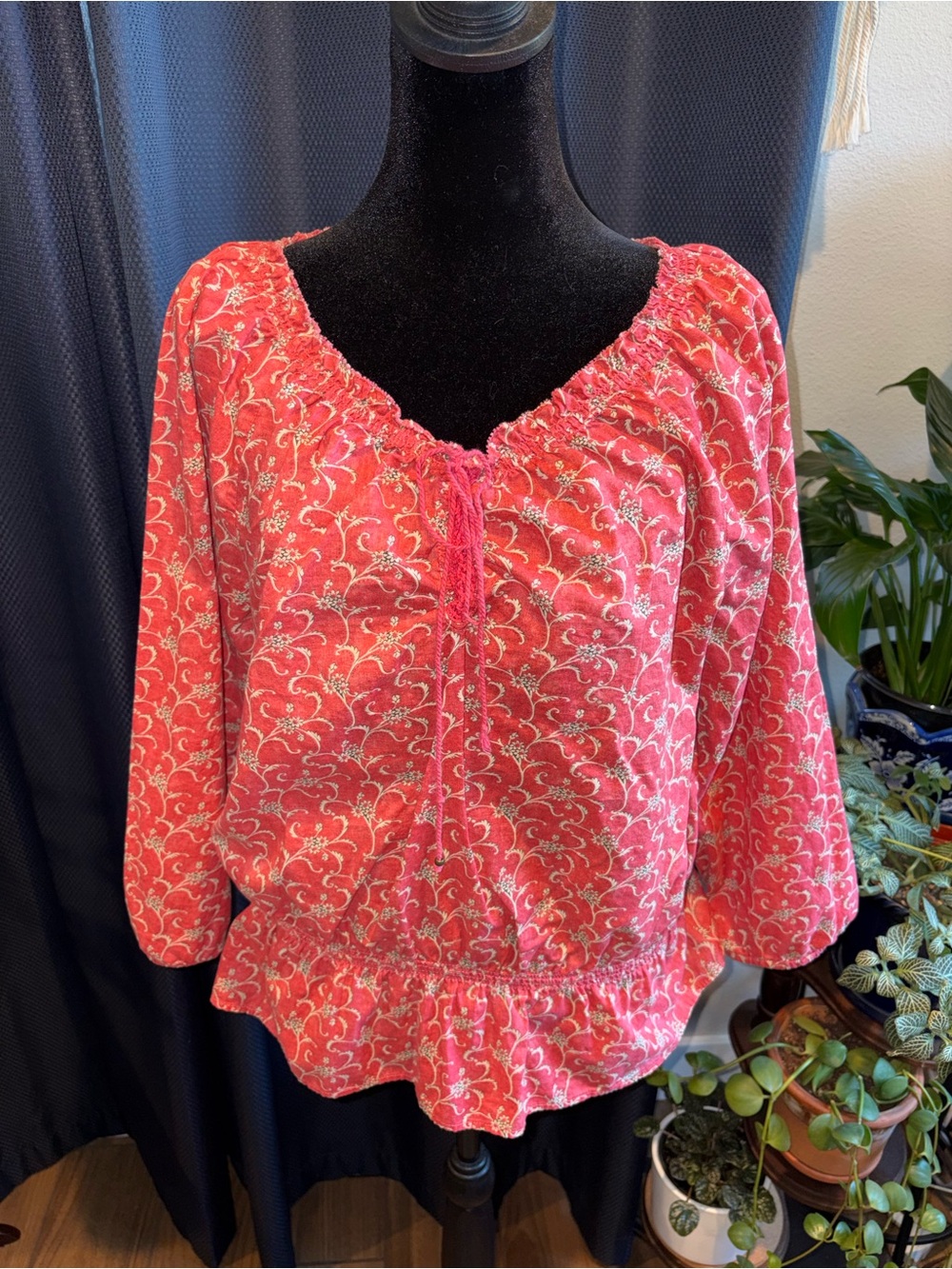 Lauren Ralph Lauren Coral Pink Floral Peasant Top